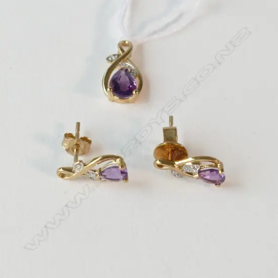 PR 9CT AMETHYST & DIA EARRINGS & PENDANT