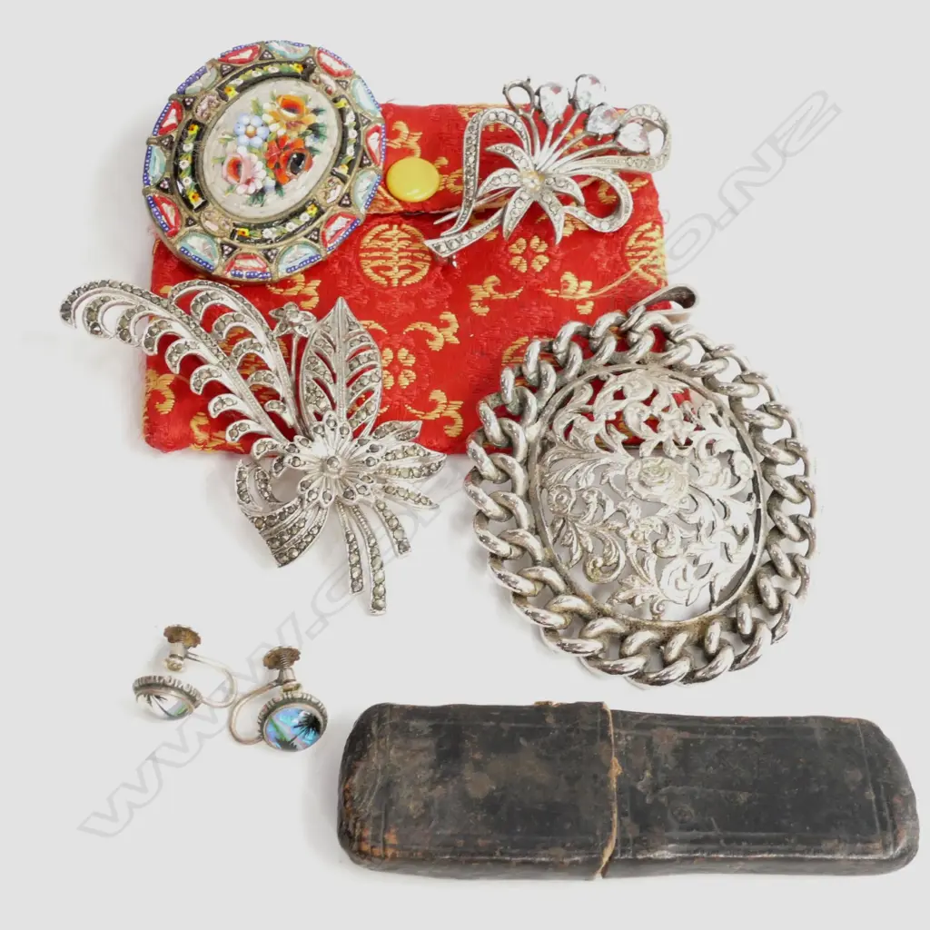 2 SIL MARQ. BROOCHES; SIL EARRINGS; MOSIAC BROOCH, A.F. ETC Image 1++