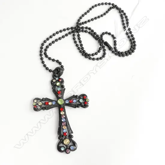 BLACK DIAMANTE CROSS ON BLACK CHAIN