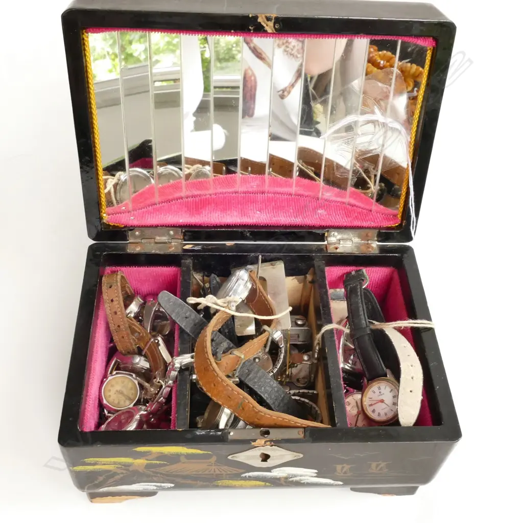 SMALL CHINESE JEWELLERY BOX WITH ASST WRIST WATCHES Image 1++