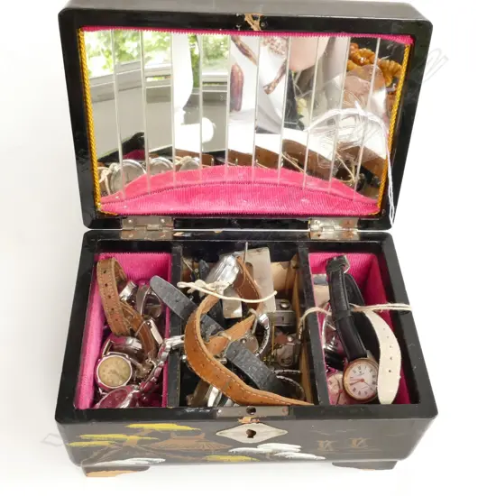 SMALL CHINESE JEWELLERY BOX WITH ASST WRIST WATCHES