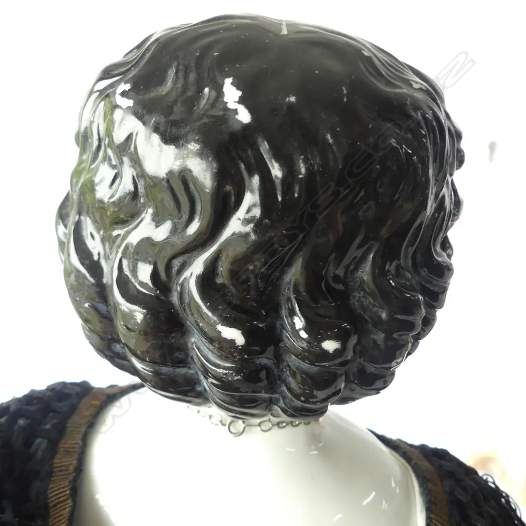 LG 1860S ANTIQUE CHINA SHOULDER HEAD DOLL, WITH MOULDED HEAD & HANDS, WOODEN FEET, H.640MM (INCL STAND) Image 1++