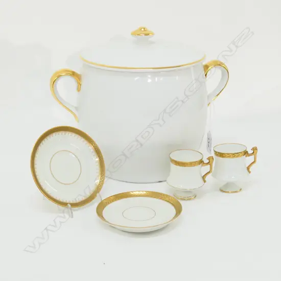 ROYAL WORCESTER PORCELAIN DEEP TUREEN & 2 LIMOGES DEMI-TASSE CUPS & SAUCERS