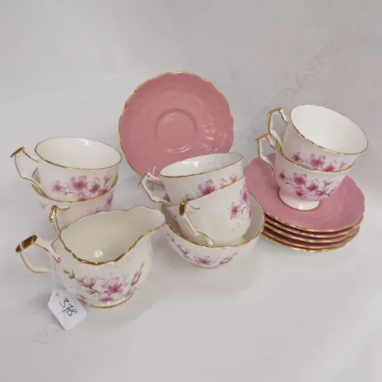 14 PCE AYSLEY TEA SET; 6 CUPS AND SAUCERS, MILK, SUGAR