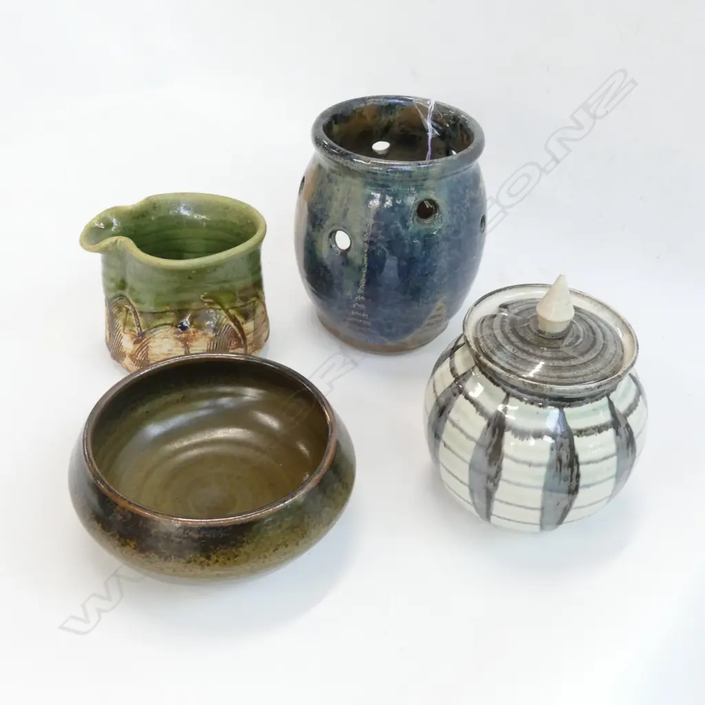 HANMER POTTERY HONEY JAR, REIKORANGI POTTERY JUG, WAIMEA BOWL & LITTLEJOHN CANDLEHOLDER Image 1++