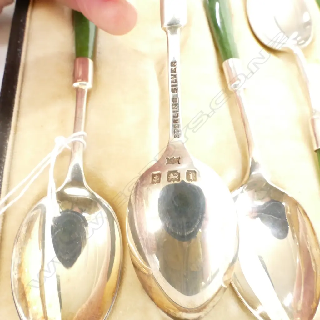 CASED 6 SILVER & GREENSTONE COFFEE SPOON SET Image 1++