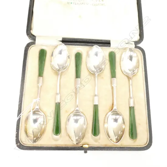 CASED 6 SILVER & GREENSTONE COFFEE SPOON SET