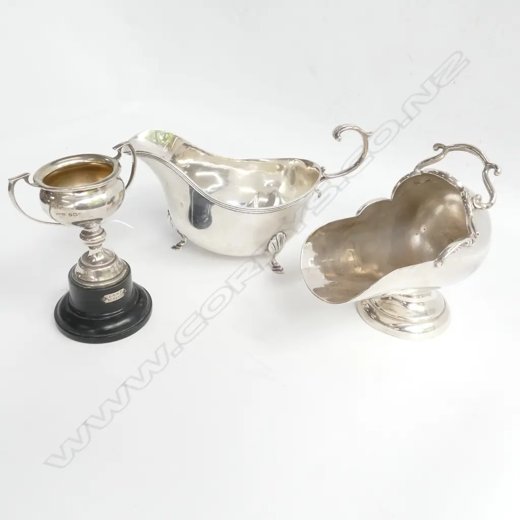 STG SILVER CREAM JUG BIRMINGHAM 1920, EPBN SUGAR SCOOP, STG SILVER TROPHY Image 1++