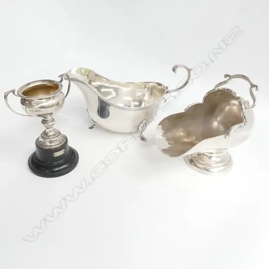 STG SILVER CREAM JUG BIRMINGHAM 1920, EPBN SUGAR SCOOP, STG SILVER TROPHY