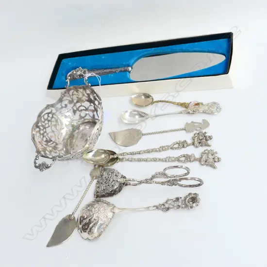 90.4? PIERCED SILVER BOWL, STERLING TONGS, STG SILVER CAKE KNIFE, 7 ASST SPOONS