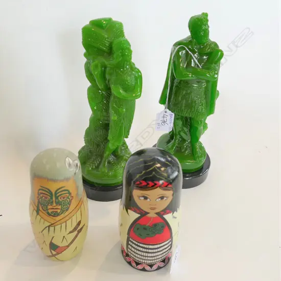 2 MAORI RESIN SCULPTURES & 2 MAORI NESTING DOLLS (EX THE NGAIRE HART ESTATE COLLECTION)