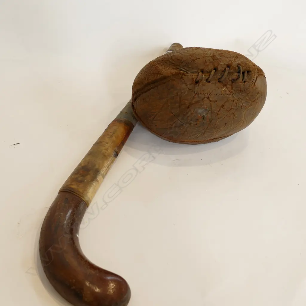 VINTAGE LEATHER RUGBY BALL AND SALESMAN HOCKEY STICK 450MM L Image 1++