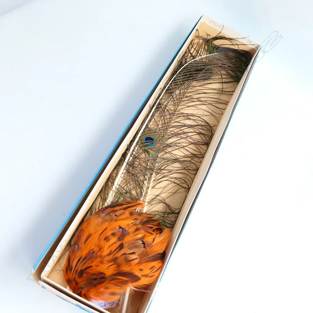5 PEACOCK FEATHERS & ORANGE FEATHER HAT ADORNMENT Image 1++