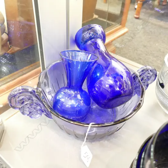 VAL ST. LAMBERT GLASS BOWL & 2 BLUE VASES