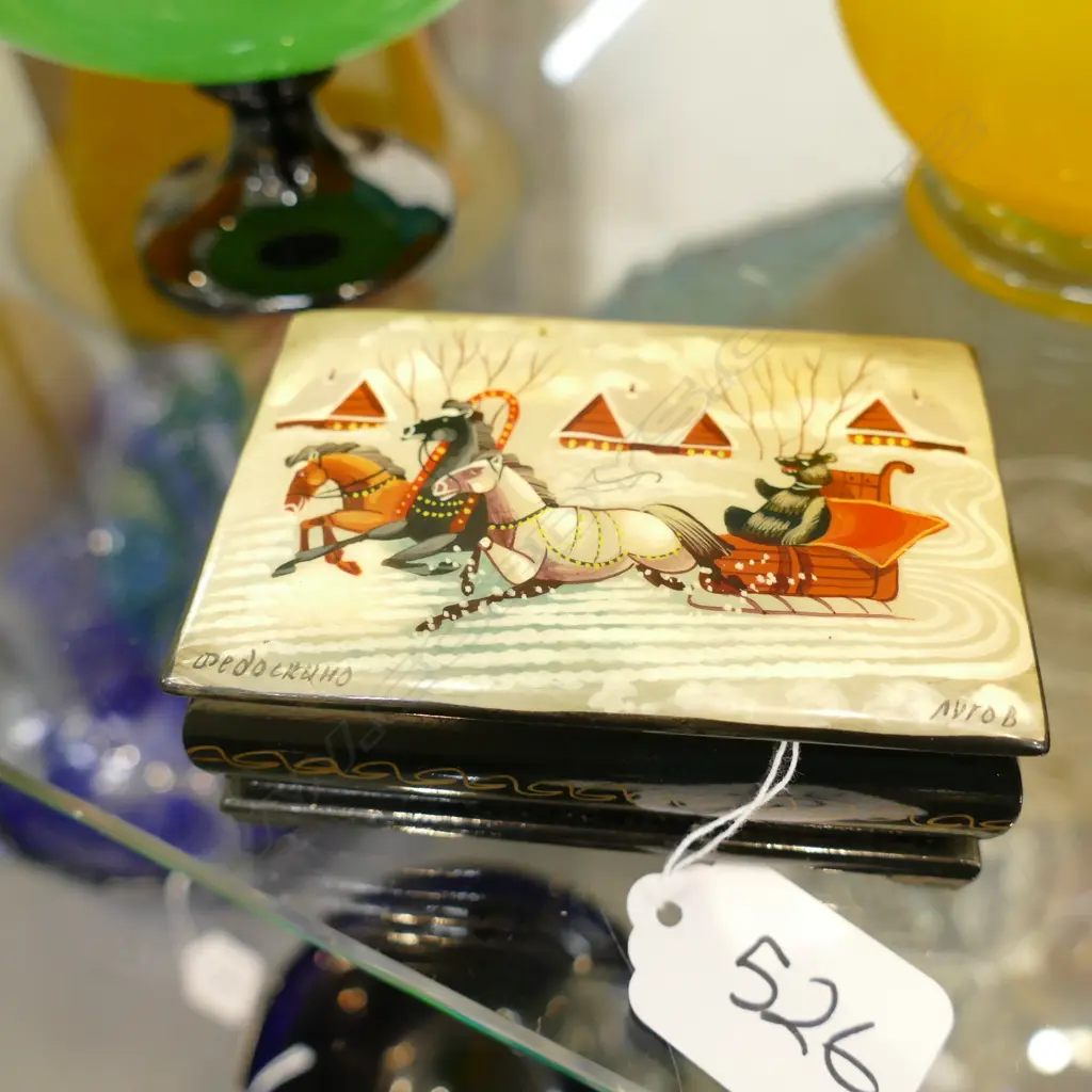 OBLONG RUSSIAN HAND PAINTED LACQUER PAPIER MACHE BOX DECORATED WITH A BEAR RIDING A TROIKA. W.90mm Image 1++