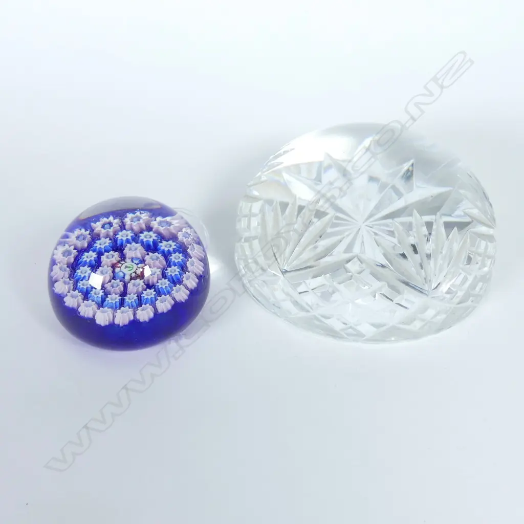 CUT CRYSTAL PAPERWEIGHT, Dia.90mm & SMALL SCOTTISH MILLE FIORE GLASS PAPERWEIGHT Image 1++