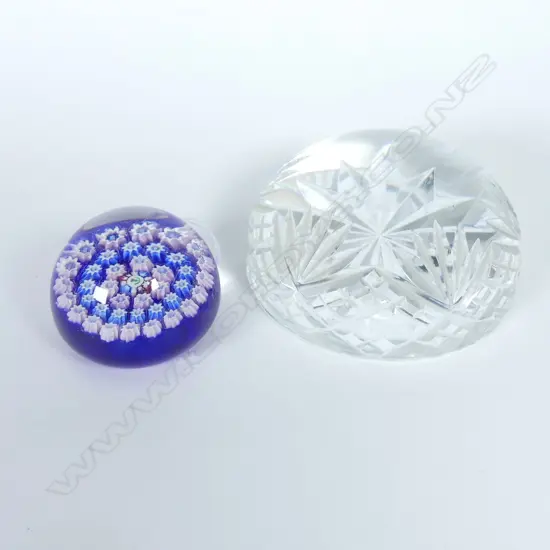 CUT CRYSTAL PAPERWEIGHT, Dia.90mm & SMALL SCOTTISH MILLE FIORE GLASS PAPERWEIGHT