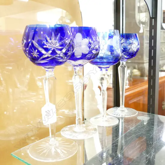 4 HAND CUT BLUE CRYSTAL WINE GLASSES H 210 MM