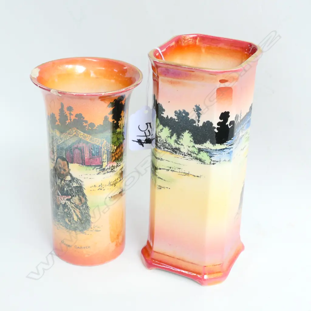 2 GRIMWADES 'MAORI WARE' MAORI CARVER VASES BOTH AF CHIPS TO RIM 165MM H Image 1++