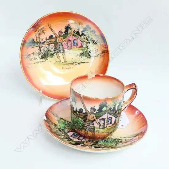 GRIMWADES 'MAORI WARE' 'DEFIANCE' CUP AND 2 SAUCERS AF CHIPPED
