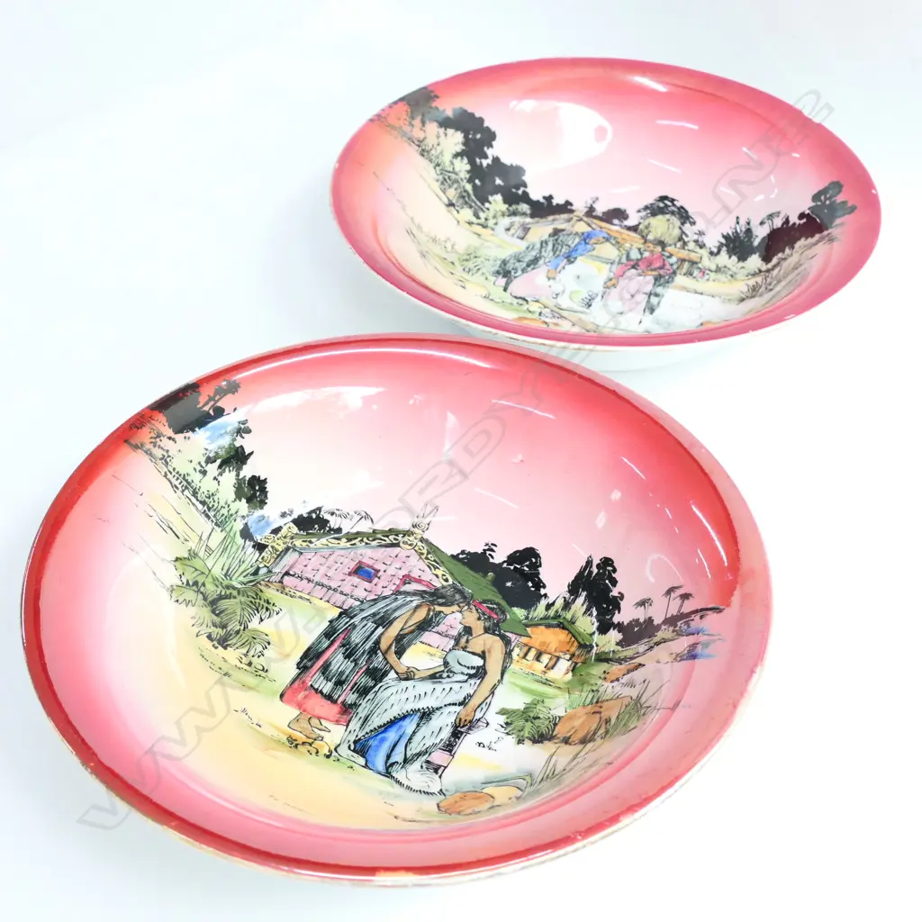 2 LARGE GRIMWADES 'MAORI WARE' BOWLS, TE HONGI & MAORI KITCHEN 255MM DIA  Image 1++