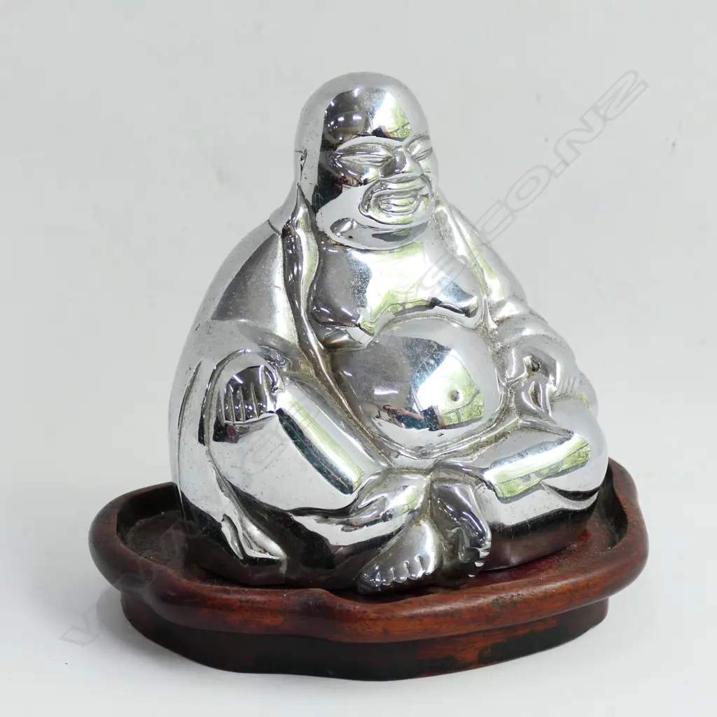 VINTAGE CHROME SEATED BUDDHA ON WOOD STAND Image 1++