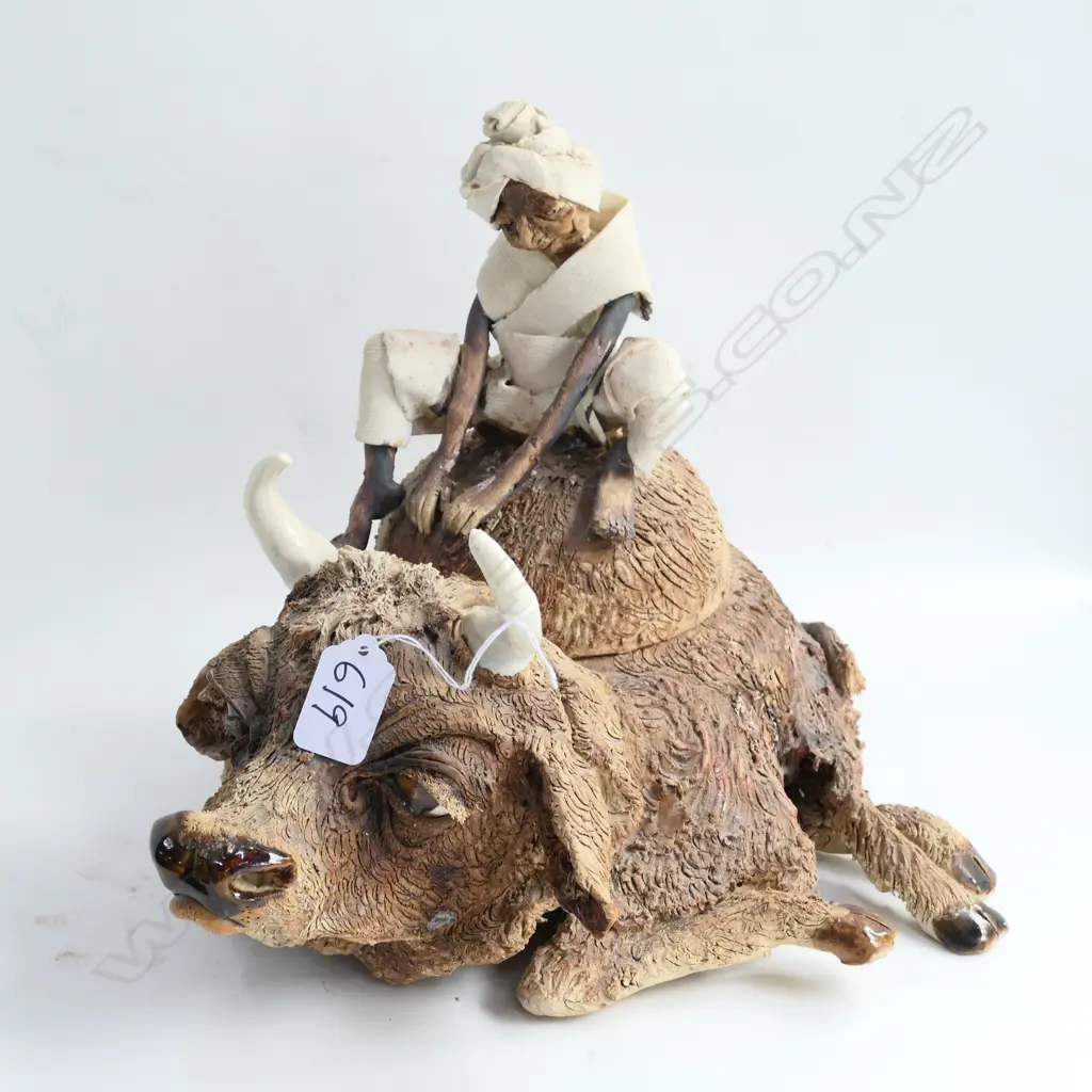 EASTERN SCULPTED POTTERY BUFFALO FIGURE LIDDED JAR... Image 1++
