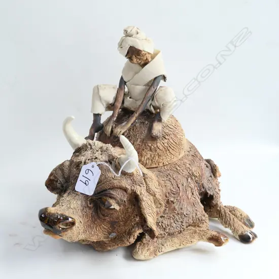 EASTERN SCULPTED POTTERY BUFFALO FIGURE LIDDED JAR...