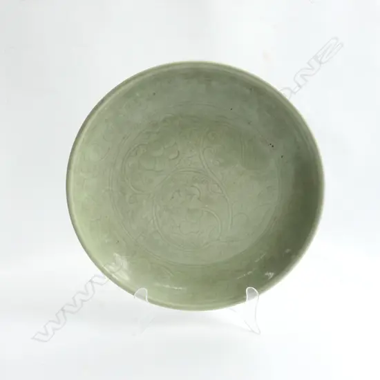 LARGE CELADON PLATE 340MM DIA SUNG STYLE WITH LOTUS PATTERN