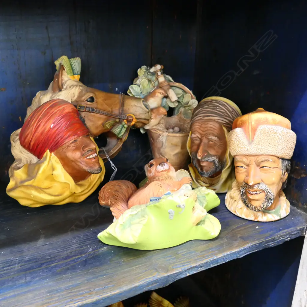 2 BOSSON PLASTER HEADS, BIRDS & BASKET, SQUIRREL, MAN WITH HORSE Image 1++