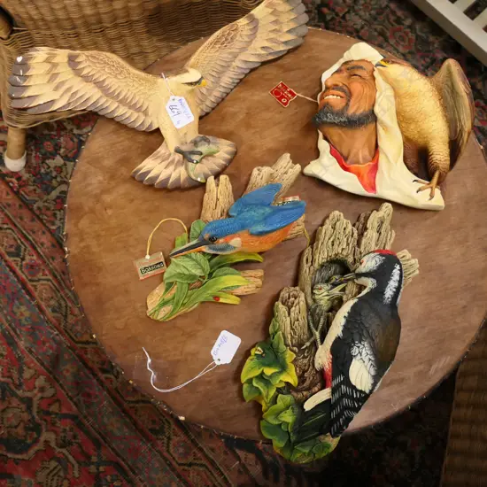 4 WALL PLAQUES; WOOD PECKER, ARAB WITH EAGLE, EAGLE, KINGFISHER