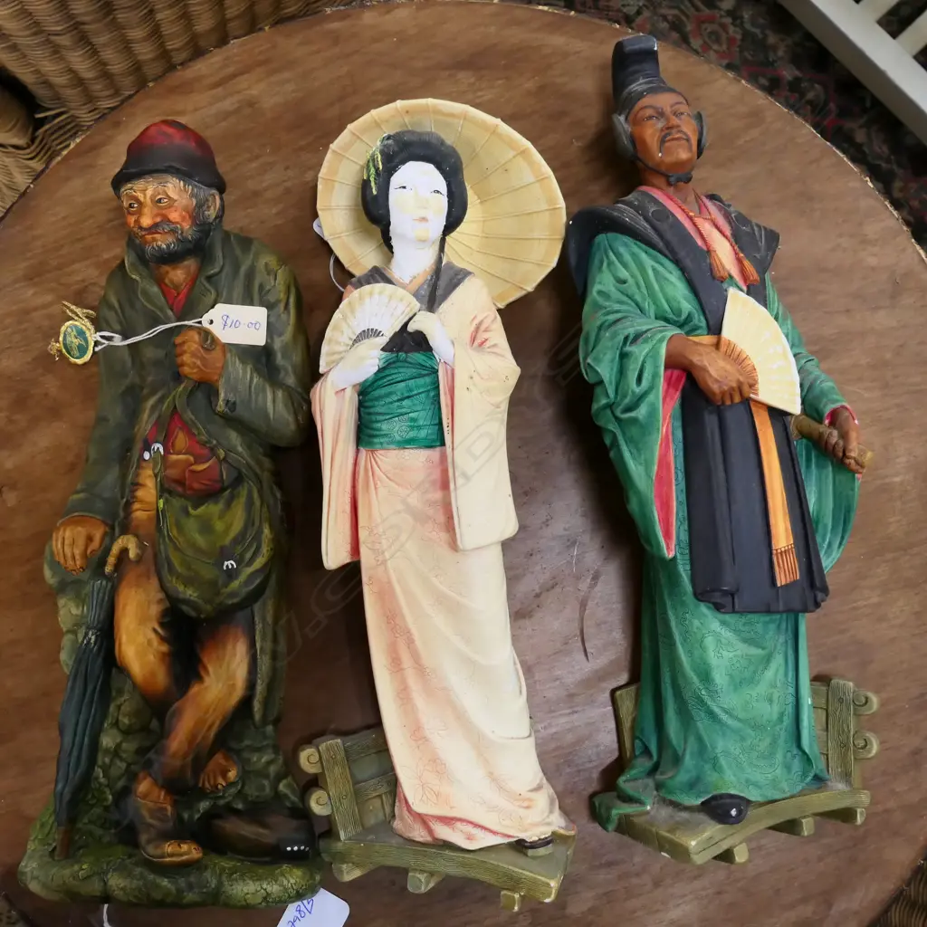 3 BOSSONS WALL PLAQUES; WOOD CARRIER, KIMONO LADY, ORIENTAL MAN 380MM H Image 1++