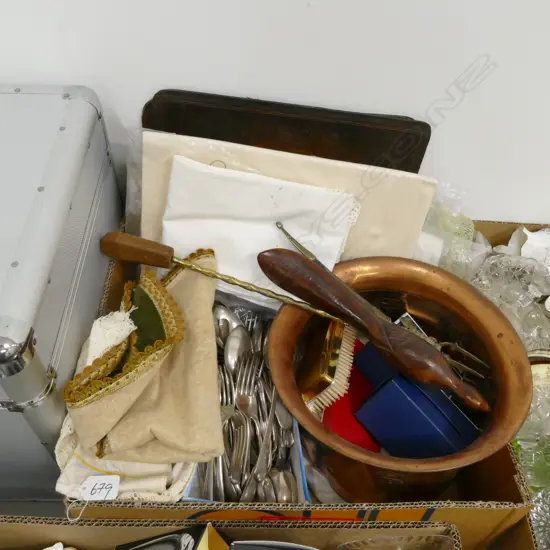 LOT ASST EP WARE/LACE/COPPER/CUTLERY ETC