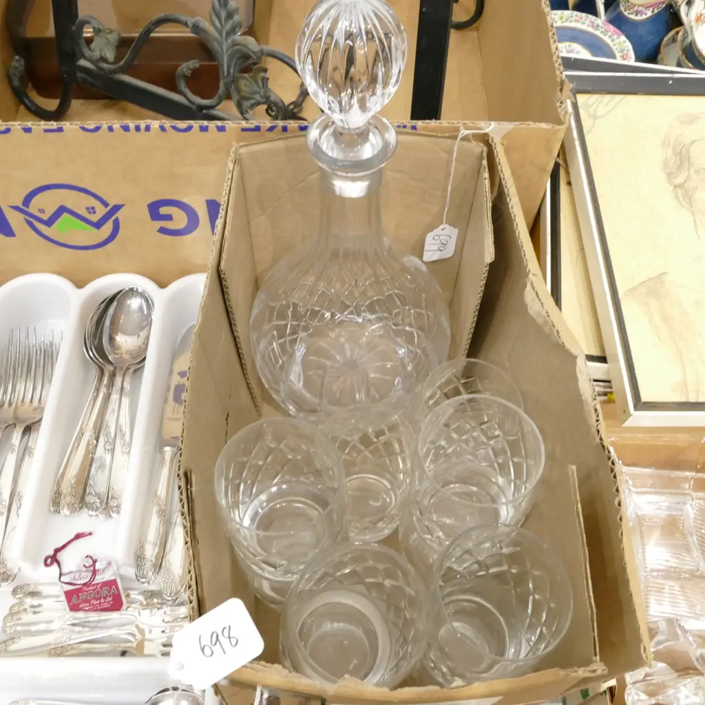 BOX LOT CRYSTAL DECANTER + 2 SETS OF GLASSES (4 & 6) Image 1++