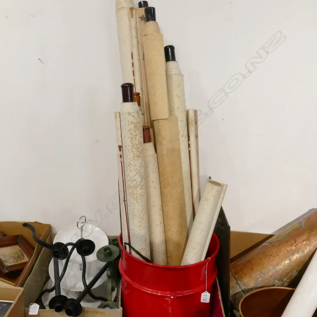 BOX LOT ASIAN SCROLLS IN RED ENAMEL BIN Image 1++