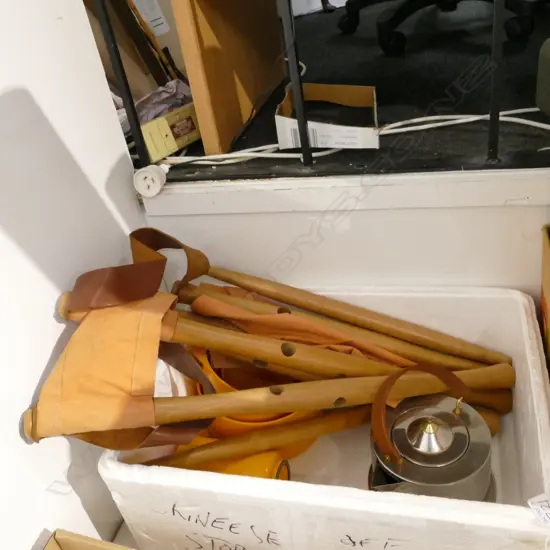 BOX LOT VINTAGE CANVAS / LEATHER CHAIR ASSEMBLY REQ., RETRO DANISH ORANGE PLASTIC BOWLS, 70S JORGENSEN BODUM KETTLE 