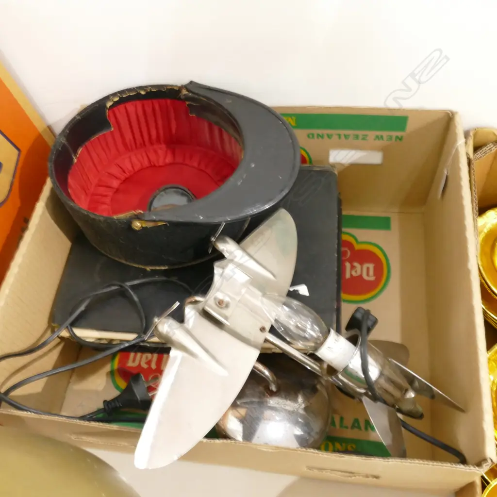 BOX LOT NZ BOOKS, DECO STYLE PLANE LAMP, FEZ, POCKET BAROMETER Image 1++