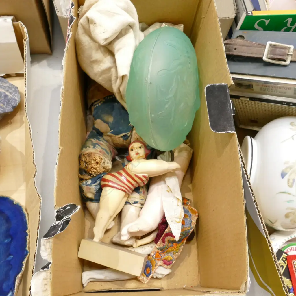 BOX LOT ASST. ITEMS; GLASS LIDDED BOWL, DOLL PARTS ETC Image 1++