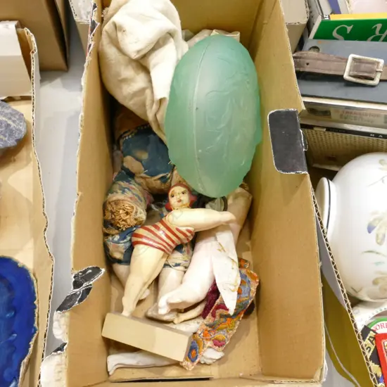 BOX LOT ASST. ITEMS; GLASS LIDDED BOWL, DOLL PARTS ETC
