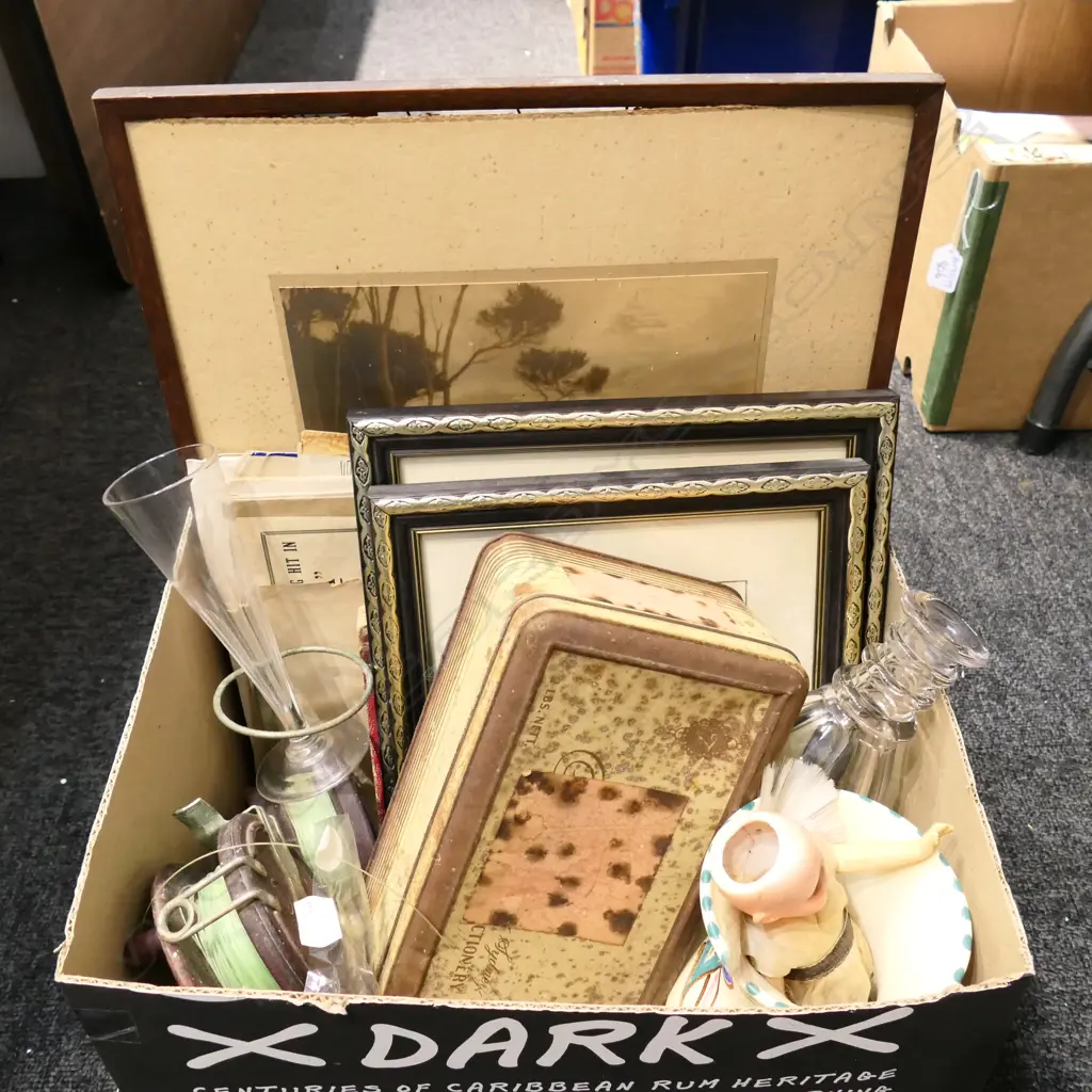 BOX LOT SHEET MUSIC, PRINTS, FISHING REELS, MINI DECANTER ETC Image 1++