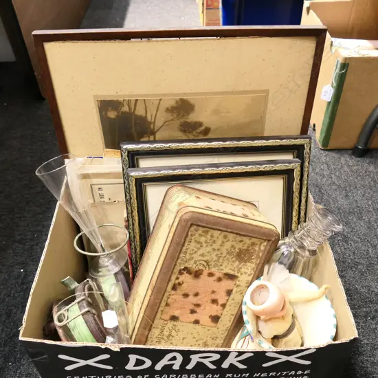 BOX LOT SHEET MUSIC, PRINTS, FISHING REELS, MINI DECANTER ETC