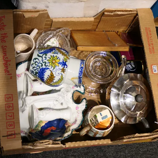 BOX LOT ASST. ITEMS; EP TEAPOT, GLASS CAKE STAND, BRASS FRAMES ETC