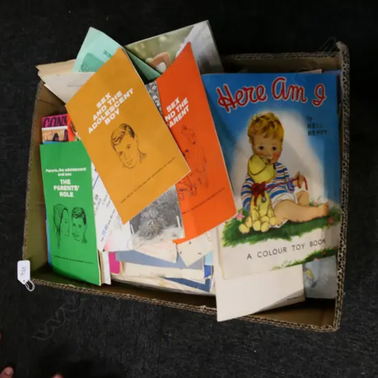 BOX LOT VINTAGE EPHEMERA, MAGAZINES, CHILDRENS BOOKS ETC