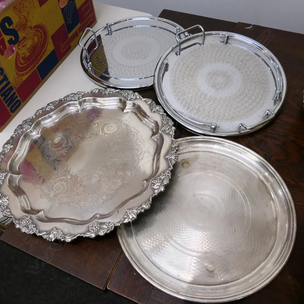 4 TRAYS; 3 ART DECO, 1 REPRO SHEFFIELD PLATE 420MM DIA Image 1++