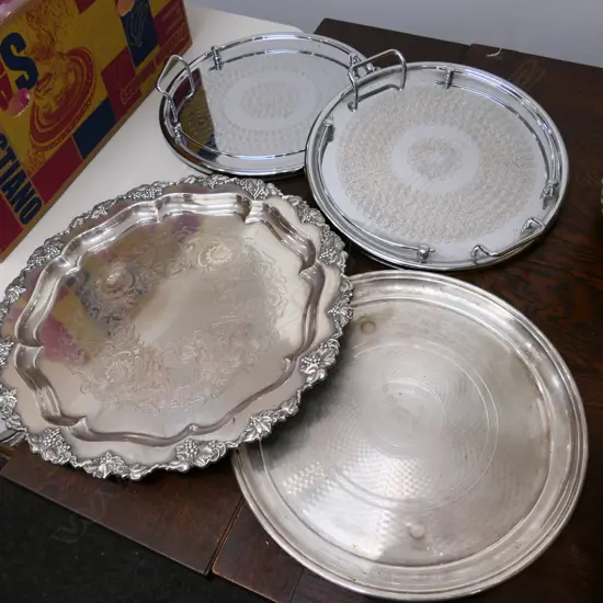 4 TRAYS; 3 ART DECO, 1 REPRO SHEFFIELD PLATE 420MM DIA