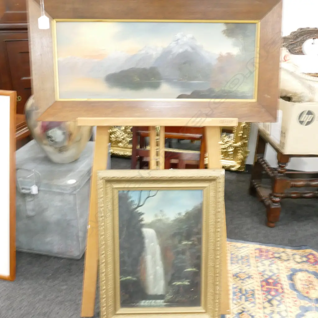 2 COLONIAL OIL PAINTINGS; EVENING LAKE MANAPOURI PAUL WREN 760MM L 370MM H, WATERFALL J. A. BOND Image 1++
