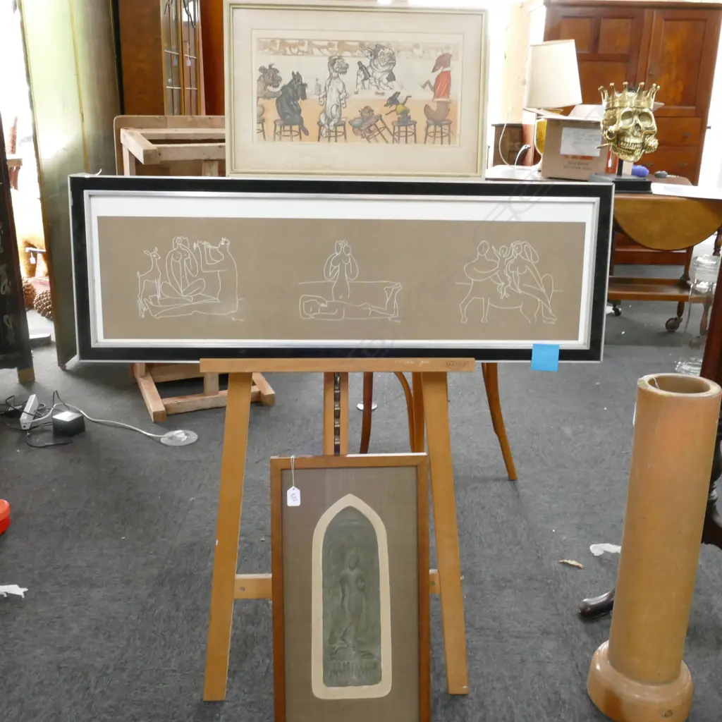 3 ARTWORKS; PICASSO PRINT AF, DOG PRINT, BUDDHA PLAQUE 540MM H 300MM W Image 1++