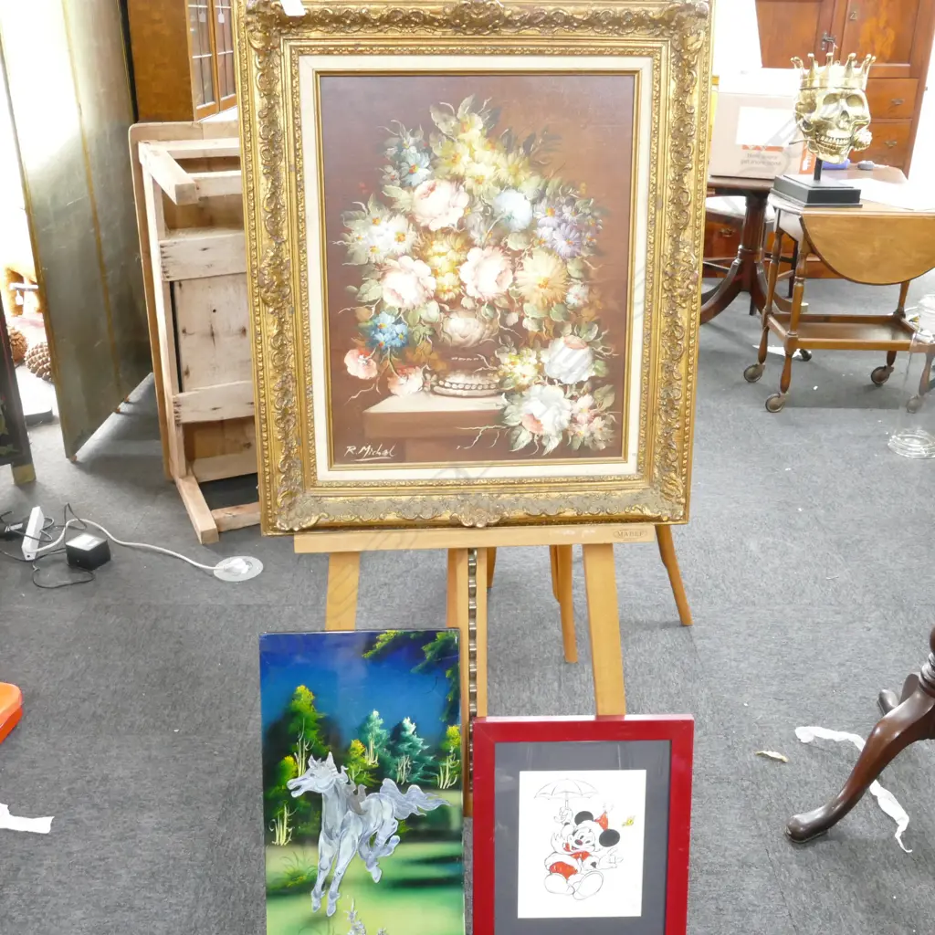 GILT FRAMED FLORAL OIL 595MM W 700MM H, MICKEY MOUSE PRINT, LACQUERED MOP HORSE PANEL 590MM H Image 1++