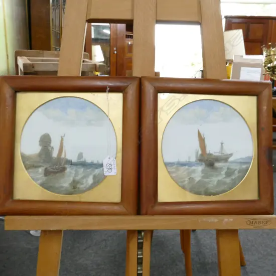PAIR ANTIQUE MARINE OILS ON PORCELAIN 