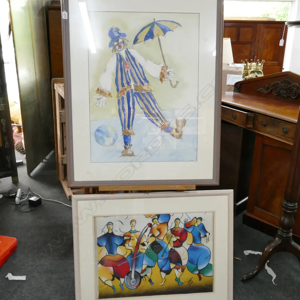 TWO ARTWORKS; CLOWN W/C 970MM H W 790MM W AND COLOURFUL FIGURES Image 1++
